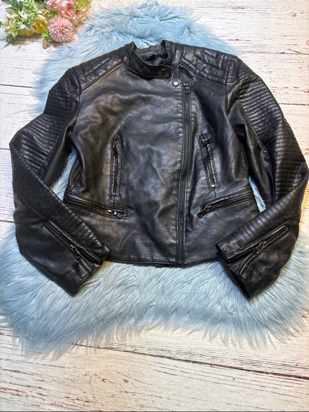 Philomena Petti Black Faux Leather Moto Jacket sz L